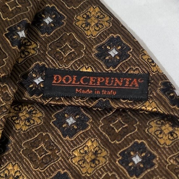 Dolcepunta Hand Made in Italy Silk Necktie - Gold Black Geo - 3 3/4" x 60" - Picture 4 of 5